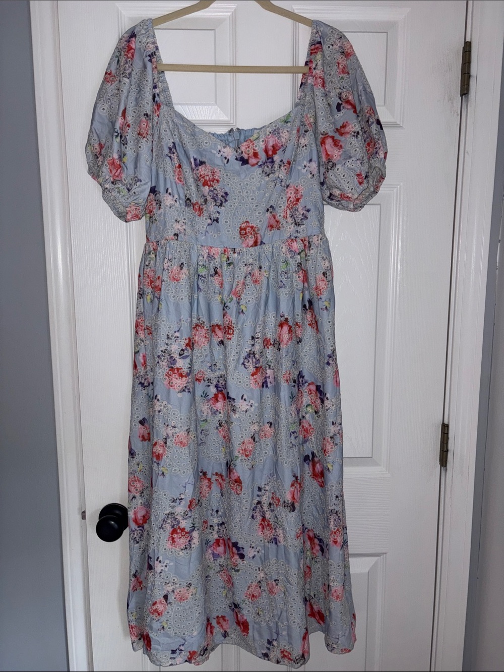 Sugarlips Sky Blue Floral Puff-Sleeve Midi Dress